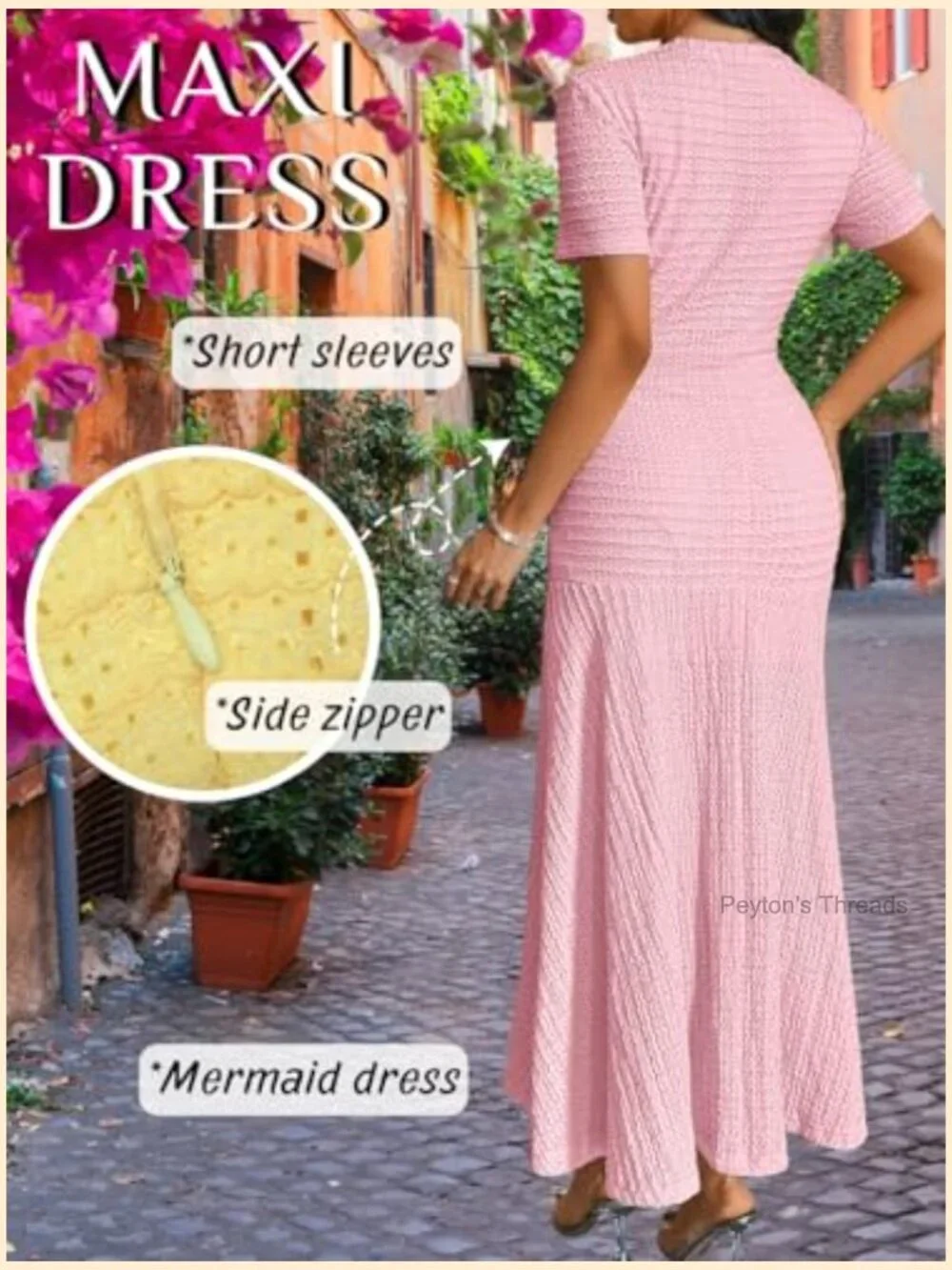 Knit Midi Dress with Decorative Metal Buttons, Crew Neck Short Sleeve - Picture 3 of 7